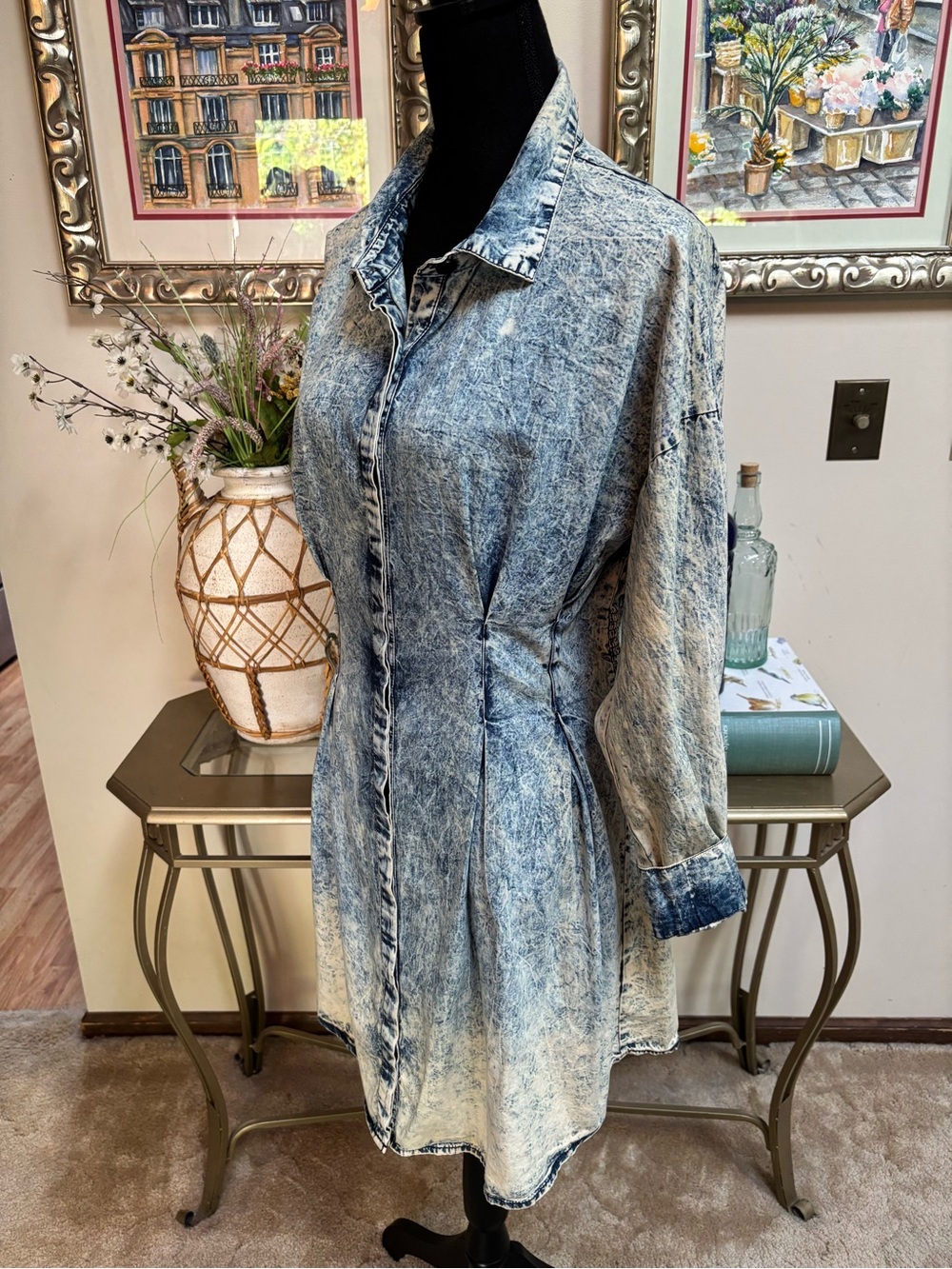 THRILL JEANS Acid-Wash Casual Denim Shirt Dress Blue Ombre Vintage Retro Sz XL - Picture 2 of 9